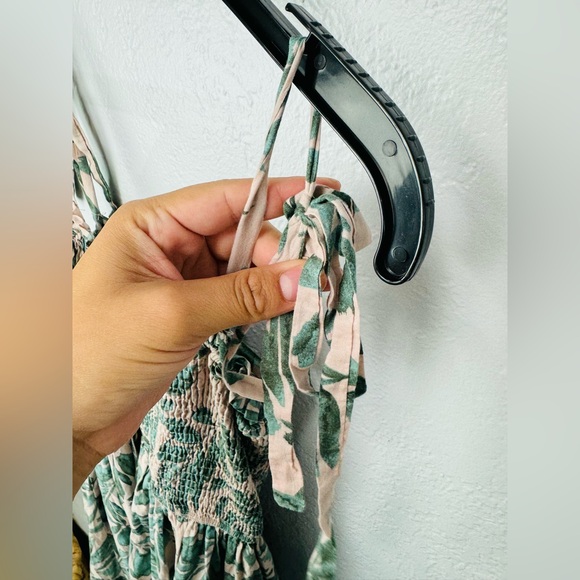 Dress Forum Los Angeles Beige Leaf Print Smocked Tiered Tie Knot Straps Dress - Picture 8 of 8